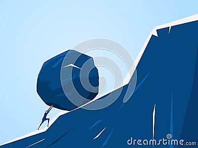 Businessman pushing huge stone up the hill. Business problem crisis hardship and burden concept. Vector Illustration