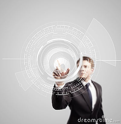 Businessman pushing interface Stock Photo