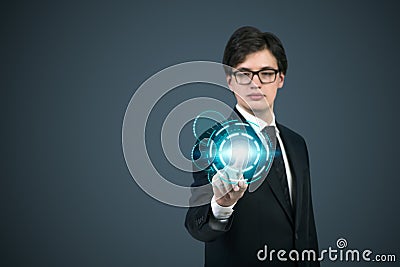 Businessman pushing interface Stock Photo