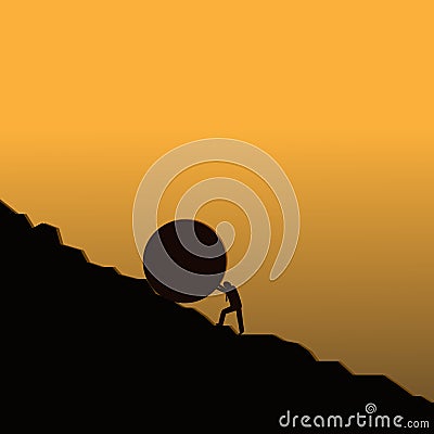 Businessman pushing large stone up to hill, Business heavy tasks Vector Illustration