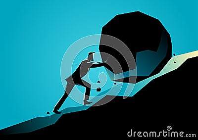 Businessman pushing large stone uphill Cartoon Illustration