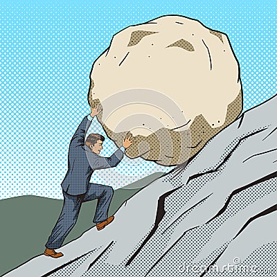 Businessman pushing a stone uphill pop art vector Vector Illustration