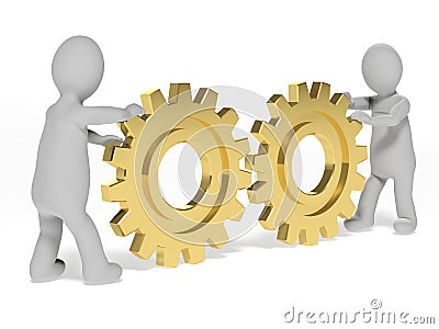 Businessman pushing two gear wheels Stock Photo