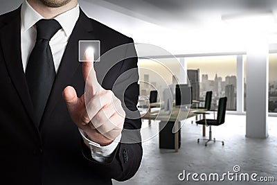 Businessman pushing virtual touchscreen button with modern clean office background 3D Illustration Stock Photo