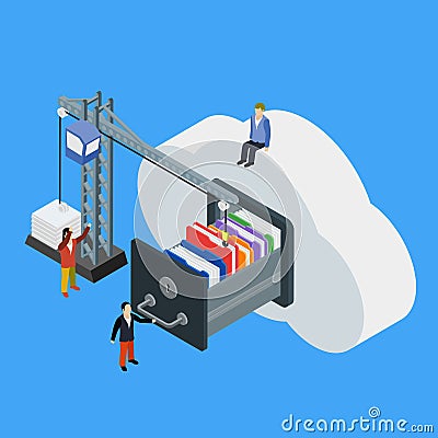 Businessman put in document drawer folder in cloud-shaped cabinet Vector Illustration