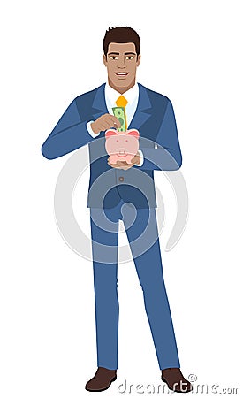 Businessman puts banknote in a piggy bank Vector Illustration