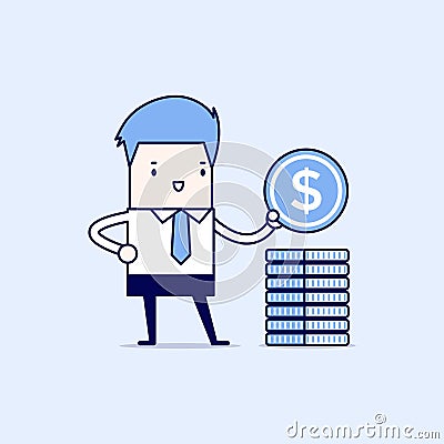 Businessman puts coin in a pile. Cartoon character thin line style vector. Vector Illustration