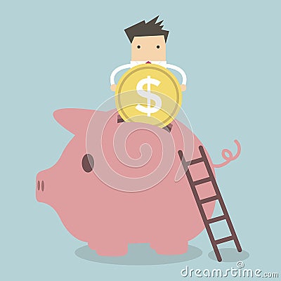 Businessman putting coin into piggy bank Vector Illustration