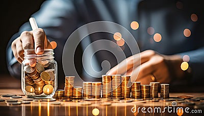 Businessman putting coin to money jar, Saving money for prepare in the future Stock Photo