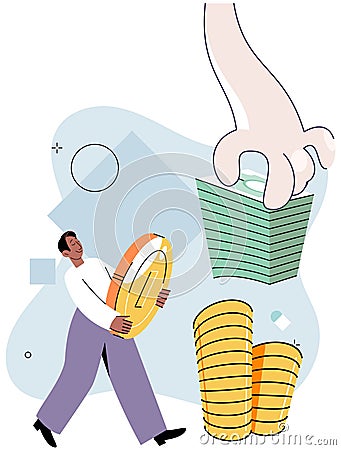 Businessman putting coins and bills in pile in human hand. Saving dollar cash, public finance Vector Illustration