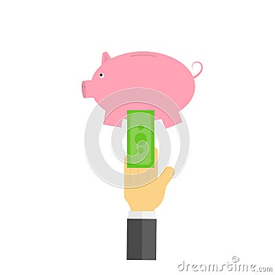 Businessman putting money in piggy bank. Vector Illustration