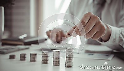 Businessman putting money on stacking coin that shows a graph the financial growth profit of business investment Stock Photo