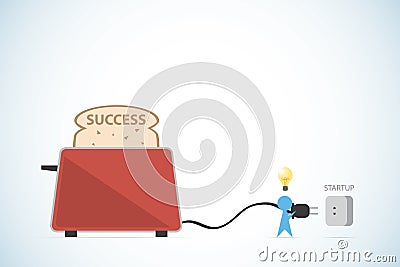 Businessman putting plug of toaster into electricity socket with lightbulb and succes text, startup and business concept Vector Illustration