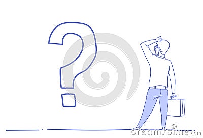 Businessman question mark pondering problem concept future business direction strategy sketch doodle horizontal Vector Illustration