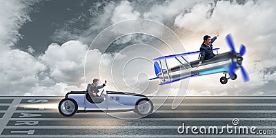 The businessman racing on car and airplane Stock Photo