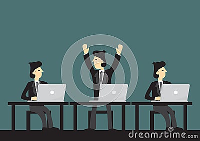 Businessman raise his arm after finishing his work. Concept of finishing his work or making a sell Vector Illustration