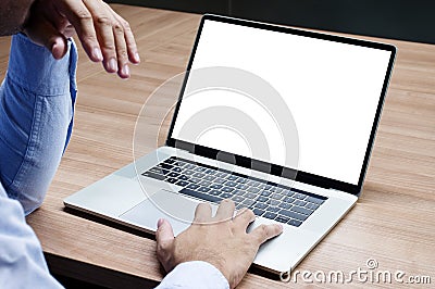 Businessman raise your hand with white screen background mock up on display laptop with clipping path Stock Photo