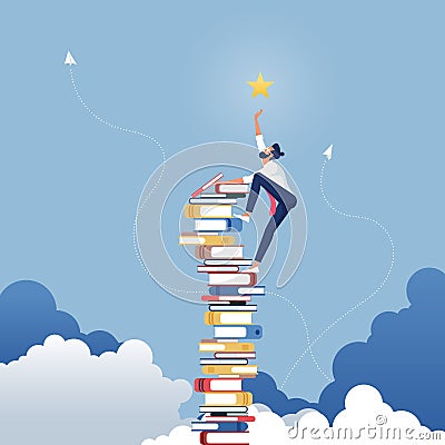 Businessman reach out for the stars by using books as the platform-Describe reach successful in business Vector Illustration