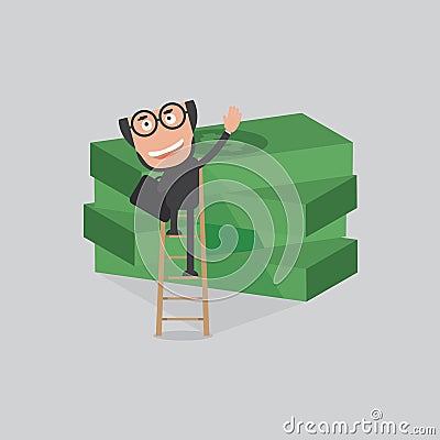 Businessman Reach Piles Of Banknotes By Ladder Vector Vector Illustration