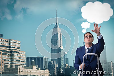 The businessman reaching out to callout message Stock Photo