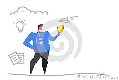 Businessman reading book generating new business idea creative education inspiration concept sketch doodle horizontal Vector Illustration