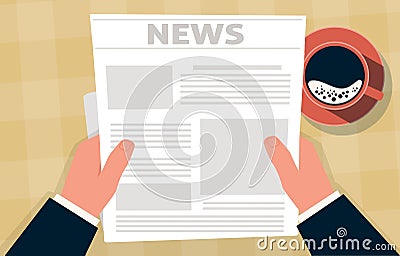 Businessman reads newspaper with news over cup of morning coffee. Hands hold mass media paper. Top view. Man reading Vector Illustration