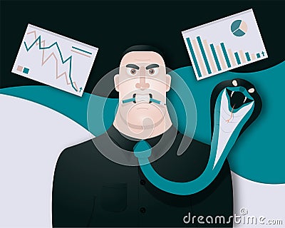 Funny but angry boss is very angry because business will soon end. Vector illustration. Stock Photo