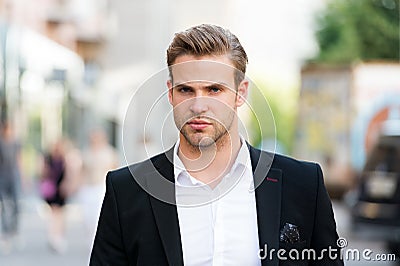 Businessman ready to solve pronlems. Man well groomed elegant formal suit walks urban background. Businessman serious Stock Photo