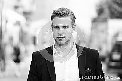 Businessman ready to solve pronlems. Man well groomed elegant formal suit walks urban background. Businessman serious Stock Photo