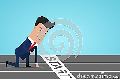 Businessman ready to sprint on starting line. Starting career concept. Businessman in starting position ready to sprint run. Side Cartoon Illustration