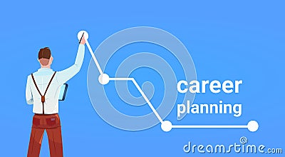 Businessman rear view point growth top chart arrow career planning success concept on blue background flat horizontal Vector Illustration