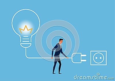 Businessman recharge creativity. Power creative ideas. Energy and power. Vector Illustration
