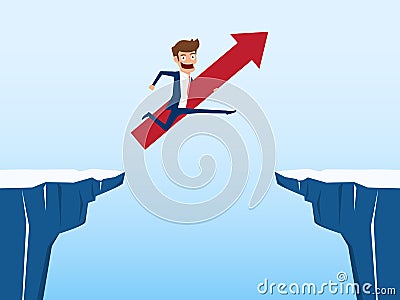 Businessman with red arrow sign jump through the gap between hill. Running and jump over cliffs. Business risk and success concept Vector Illustration