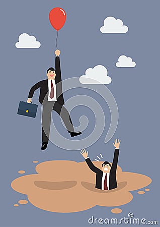 Businessman with red balloon get away from puddle of quicksand Vector Illustration