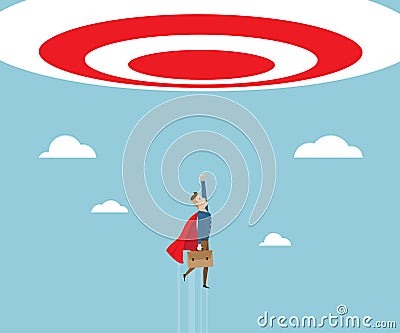 Businessman in red cape flying to target Vector Illustration