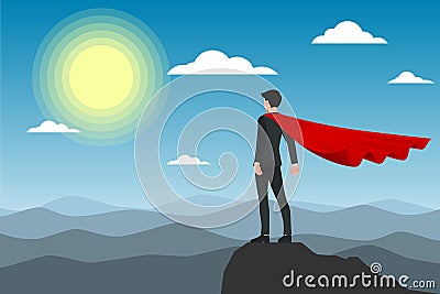 Businessman in red cape standing on the top of the moutain under the sun. Vector Illustration