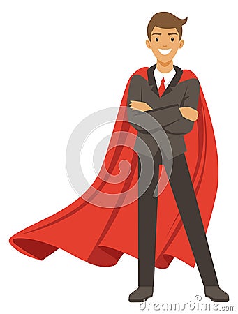Businessman in red cape. Superhero corporate worker character Vector Illustration
