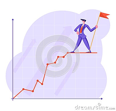 Businessman with Red Flag Stand on Top of Growing Business Chart Curve Line on Coordinate System. Growth Data Analysis Vector Illustration