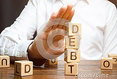 Businessman refuses to take a loan. Refusal of loans with high interest rates. Inability to pay the debt. Unprofitable terms Stock Photo