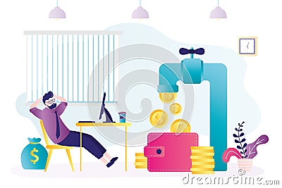 Businessman relaxes while money dripping. Gold coins pouring out of faucet. Male character makes money online. Passive income Vector Illustration