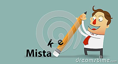 Businessman removing mistake with his eraser in flat design. Cartoon character. Vector Illustration