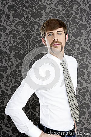 Businessman retro mustache over gray wallpaper Stock Photo