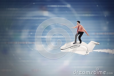 Businessman rides aircraft inside cyberspace Stock Photo