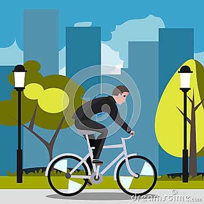 Businessman riding on the bike and hurrying to work. Vector Illustration