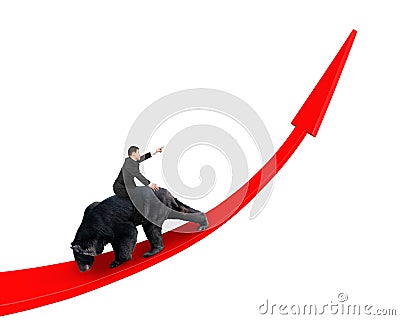 Businessman riding black bear on red arrow up trend line Stock Photo
