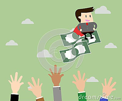 Businessman riding flying money and Business competition. Vector Illustration