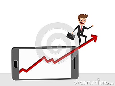 Businessman riding growth arrow graph on smart phone screen. Investment financial and success concept. Vector Illustration