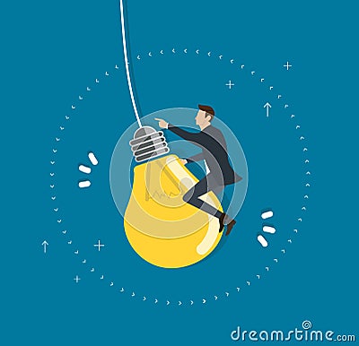 Businessman riding a light bulb flying in the sky, creative concepts Vector Illustration