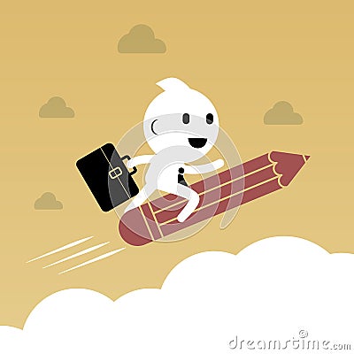 Businessman riding pencil over the cloud. Abstract Business Vector Illustration