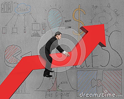 Businessman riding on red arrow with business doodles background Stock Photo